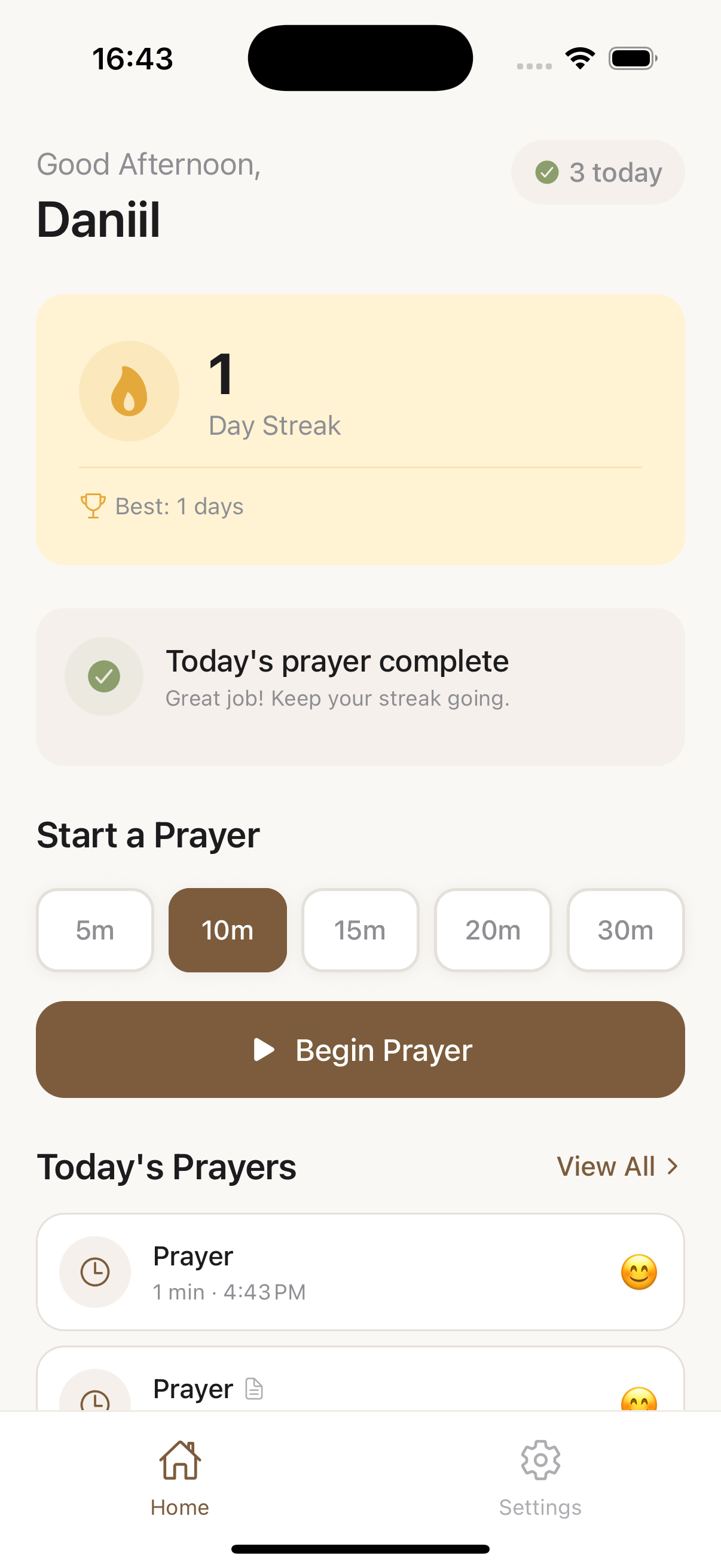 Prayer Lock app — prayer timer screen with daily streak counter